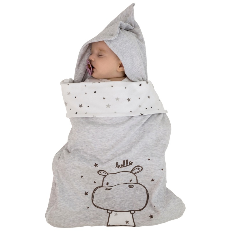 JACKY 2-in-1 Fußsack und Einschlagdecke für Babyschale Hippo Sterne grau