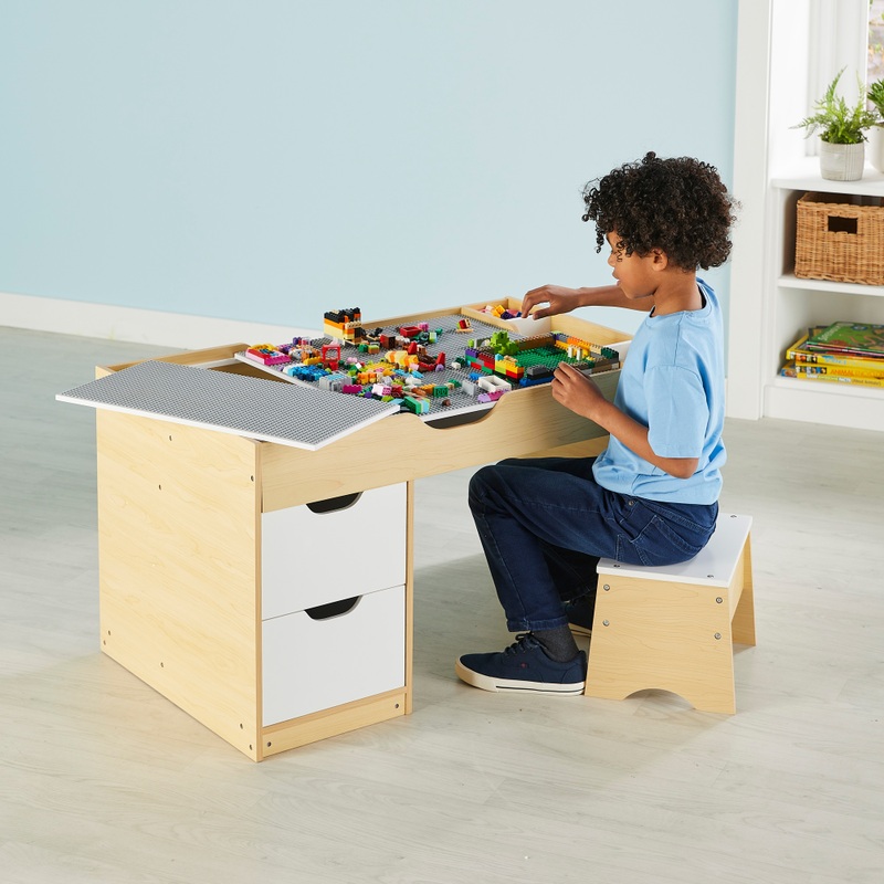 Build 'n' Store Spieltisch 93 x 54 und Hocker aus Holz für Klemmbausteine